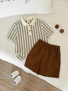 SHEIN Bộ 2 món thời trang cho bé trai, áo polo tay ngắn kẻ sọc và quần short, thoải mái mặc hàng ngày, mùa xuân/hè. - màu nâu - Xem 5