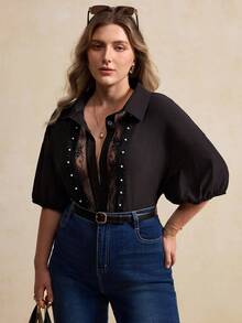 Elegantrix Plus Size Women's Spring/Summer Lace Patchwork Beaded Drop Shoulder Casual Blouse - Black - View 3