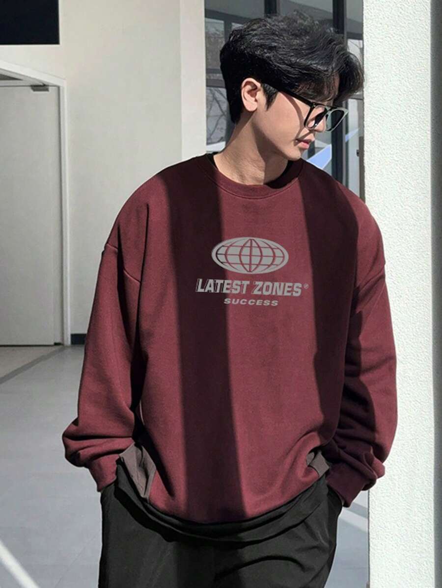 DAZY 男士字母印花圆领短款抓绒套头卫衣，秋冬款 - 彩色 - 查看 1