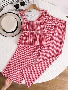 SHEIN Tween Girls Summer Cute Striped Camisole And Elastic Waist Pants 2 Pieces Set - Red - View 1
