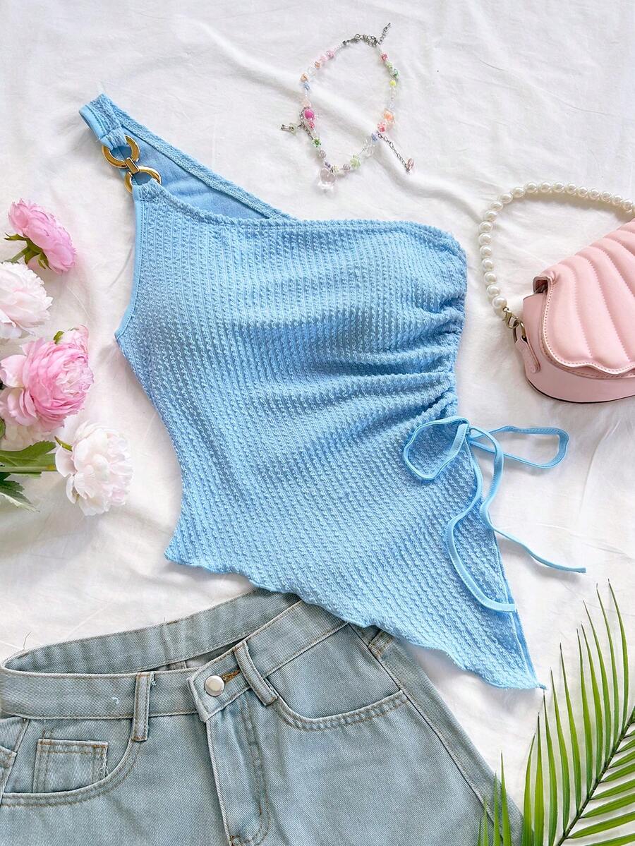 Soleia Áo ba lỗ dệt kim Jacquard họa tiết một bên vai bó sát, xẻ tà, dây rút, nhún bèo, thích hợp cho tiệc tùng, hẹn hò, ngày lễ tình nhân, lễ Phục sinh, lễ hội hóa trang, trà chiều, bãi biển, du ngoạn, giải trí thành phố - Màu xanh lam - Xem 1