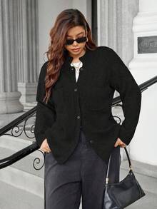 Easura Áo khoác cardigan dệt kim dày dặn cỡ lớn dành cho nữ, có túi lớn, cổ đứng, kiểu dáng thường ngày, màu trơn, đa năng. - màu đen - Xem 1