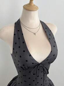 Elamini Women's Light Gray Polka Dot Tie-Up Bow Short Dress