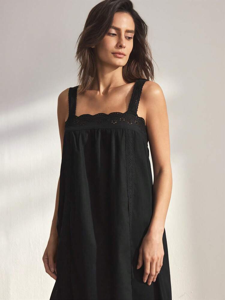 Ocili 100%纯棉刺绣蕾丝边舒适女士睡衣裙 - 黑色 - 查看 5