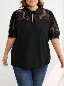 SHEIN CURVE+ Plus Size Spring/Summer Women's Suit, Valentine's Day Plus Size Women's Elegant Lace Patch Tie Collar Short Sleeved T-Shirt/2026 /New Year - Black - View 8