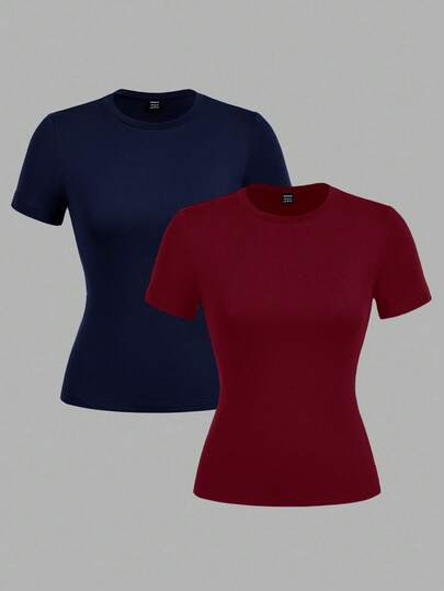 SHEIN EZwear 2pcs Navy Blue & Burgundy Casual Minimalist Basic Crew Neck Short Sleeve T-Shirts, Suitable For Spring/Summer Fitted Tops Women Basic Tees Women Red