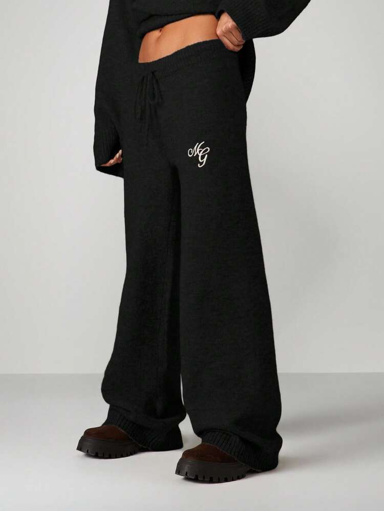 MISSGUIDED High Waist Knit Trousers With Script Embroidery Wide Leg Sweatpants Relaxed Fit Joggers Ribbed Cuffs Drawstring Closure Winter Loungewear