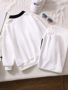 Sparklyn 2pcs/Set Girls Casual Simple Hooded Sweatshirt Set, With White Ribbon Trim On Sleeve And Pant Side, Suitable For Spring & Autumn, 250G Heavy Fabric Hoodie Jacket - White - View 3