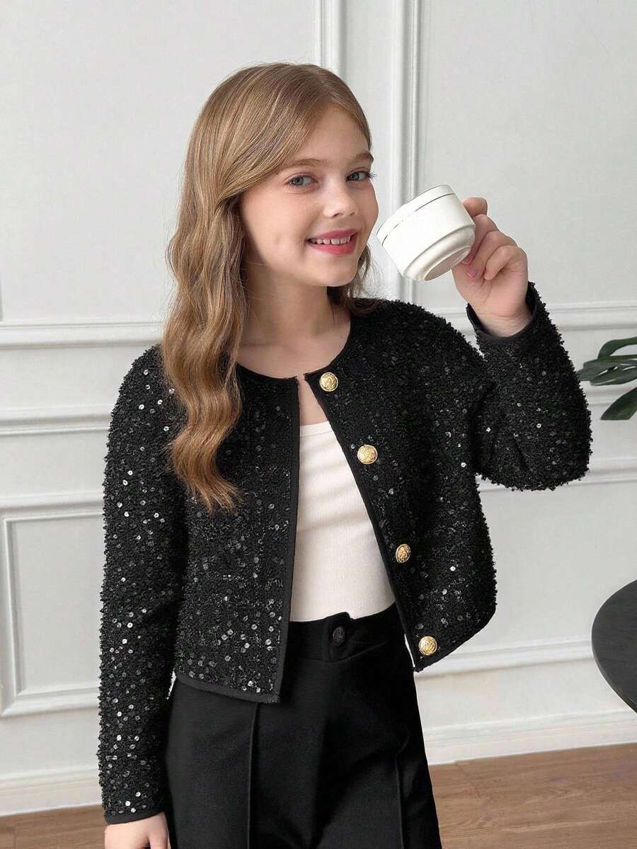 SHEIN Tween Girls Casual Elegant Long Sleeve Solid Black Sequin Jacket Girls Sequin Jacket Girls Black Jacket Girls Elegant Sequin Jacket Girls Jacket Kids Sequin Jacket Girl Clothes Autumn And Winter Clothes Girl Jacket Girls Sequin Embellished Jacket Tween Girl Elegant Sequin Embellished Kids Black Jacket Black Blazer For Girls - Black - View 1