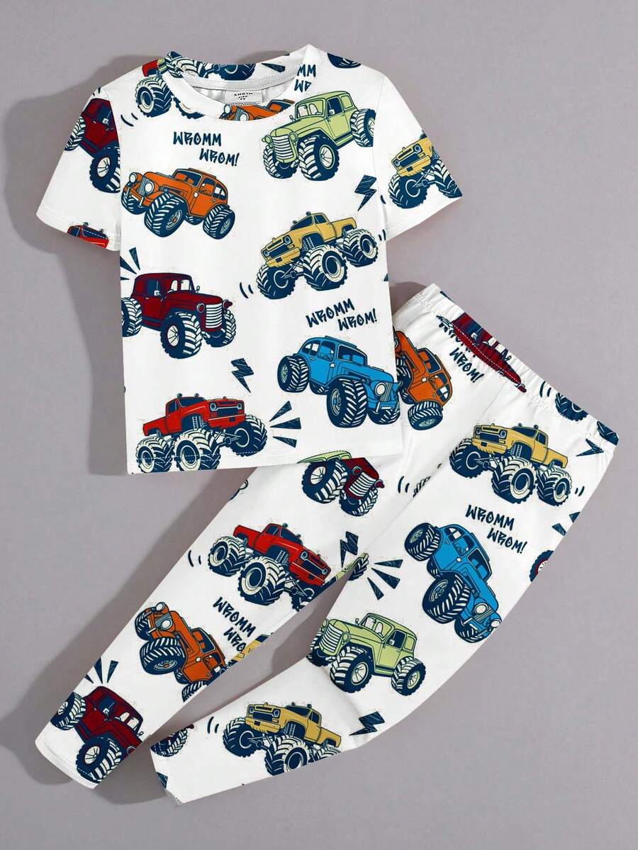 Young Boy Casual Car Print Snug Fit Comfortable Round Neck Short Sleeve Pants Pajama Set, Suitable For All Seasons - Multicolor - View 1