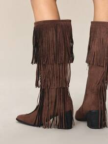 Styleloop Bốt cao đến đầu gối tua rua màu trơn thường ngày dành cho nữ, Thu/Đông - Cà phê nâu - Xem 5