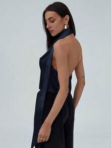 Aloruh Top fluide sexy pour femme, décolleté ras-du-cou et dos nu, élégant et romantique, idéal pour les demoiselles d'honneur, les mariages, les sorties et les vacances d'été - Bleu marine - Voir 2