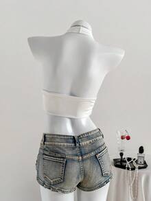 SHEIN EZwear Summer Solid Backless Crop Halter Top - White - View 2