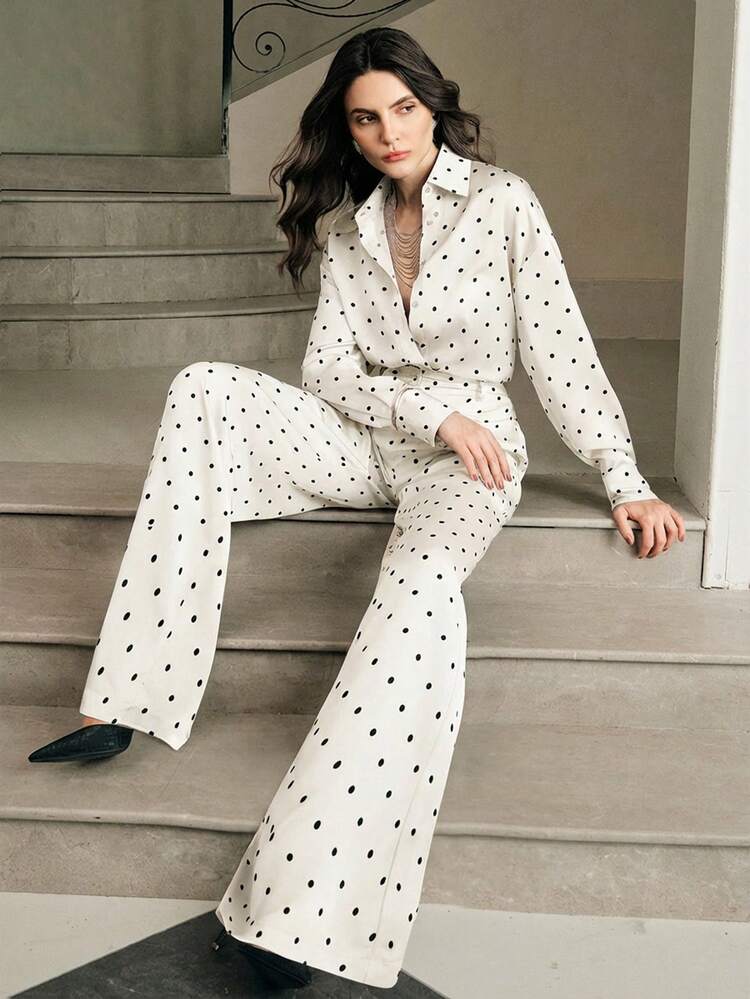 Women's Elegant Commuter Intellectual Vintage Casual Polka Dot 2 Pieces Set, Suitable For Winter, Christmas, New Year Party, Fall