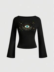 ROMWE Goth 哥特朋克性感复古褶皱修身黑色哥特喇叭袖长袖女式T恤 - 黑色 - 查看 1