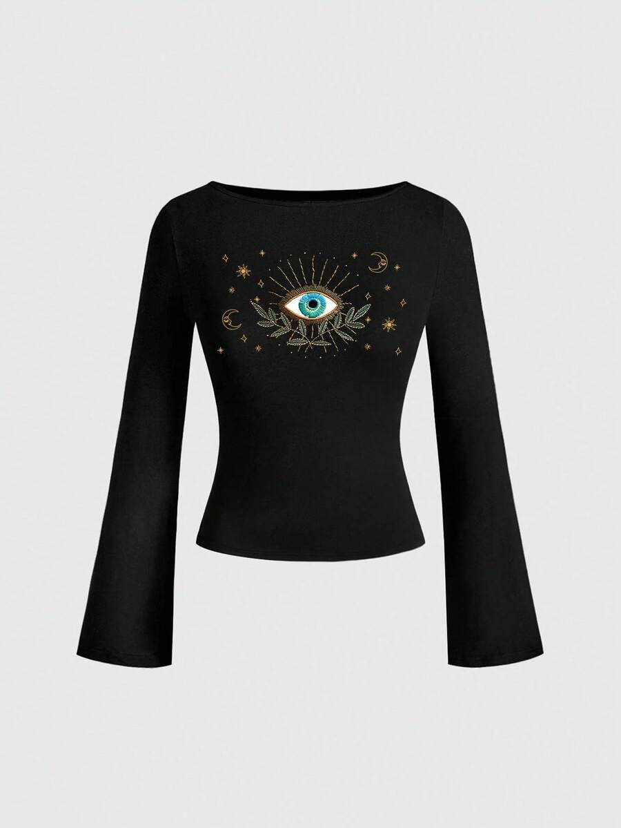 ROMWE Goth 哥特朋克性感复古褶皱修身黑色哥特喇叭袖长袖女式T恤 - 黑色 - 查看 1