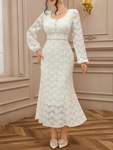 DAZY 高端法式时尚优雅串珠V领长袖仿皮草蕾丝美人鱼连衣裙长款吊带裙 - 米色 - 查看 3