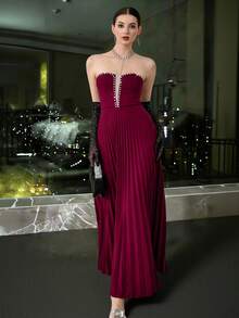 SHEIN Elenzya Váy suông cổ chữ V nhún bèo lãng mạn thanh lịch, eo ôm vừa vặn, đính ngọc trai tinh tế, thích hợp cho ngày lễ tình nhân, buổi hòa nhạc - Màu Đỏ Sâu - Xem 1