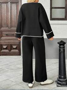 Modelyn Women's High-Quality Contrast Color Knit Cardigan Jacket And Casual Pants Winter Suit - Black - View 2