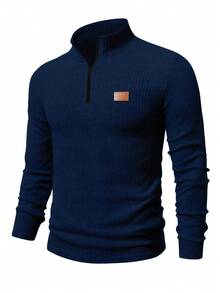 Manfinity Homme 男士纯色拼接高领半拉链长袖T恤，尽显老钱风范，适合日常休闲、周末旅行、户外活动、探险旅行、轻松的工作环境或半正式场合，也是送给男友/丈夫、周年纪念日/生日派对、圣诞节、新年、婚礼等场合的理想礼物。 - 寶藍色 - 查看 3