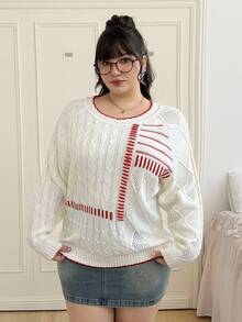 SHEIN EZwear Plus Size Women Cable Knit Casual Pullover Sweater, Fashion & Versatile For Commuting, Autumn/Winter - Multicolor - View 5