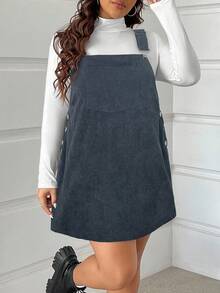 SHEIN EZwear Plus Size Women Solid Color Side Button Design Corduroy Strap Dress, Early Autumn - Dusty Blue - View 5