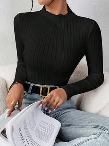 SHEIN Frenchy 92% Cotton Ribbed Turtleneck Long Sleeve Slim Fit T-Shirt For Women, Black Spring Turtle Neck Top - Black - View 4