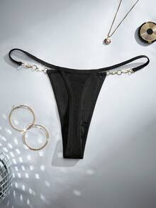 女士性感珍珠链丁字裤，黑色 - 黑色 - 查看 2