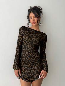 Vestido mini con estampado de leopardo, espalda descubierta y lazo en la espalda para mujer, adecuado para otoño, vestido con estampado de leopardo para otoño/invierno, apropiado para fiestas, citas y reuniones - Multicolor 3 - Ver 11
