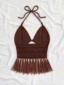 Soleia Women's Vacation Beaded Halter Tasseled Hem Knit Top, Suitable For Holiday Dates, Afternoon Tea, Beach, Cruise, City Trips, Wedding Season, Music Festivals, Boho Vacation Fringe Top Crochet Women Top Fringe Bathing Suit Crochet Swimsuit Women Crochet Bikini Top Brown Bikini Top Fringe Bikini - Coffee Brown - View 2