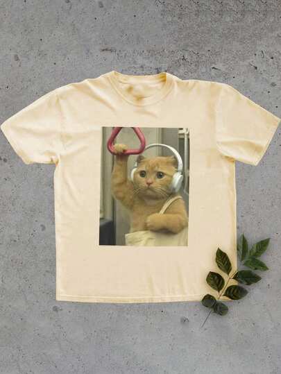 Glimmora Women's Standard Size Cat Print Round Neck Short Sleeve T-Shirt