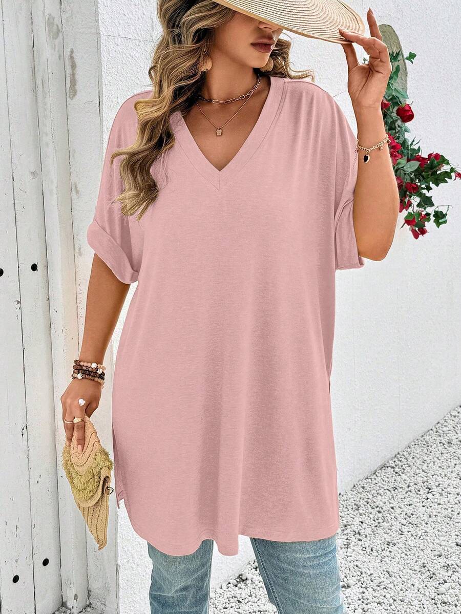EMERY ROSE Plus Size Solid V-Neck Casual Versatile Short Sleeve T-Shirt With Side Slits - Pink - View 1