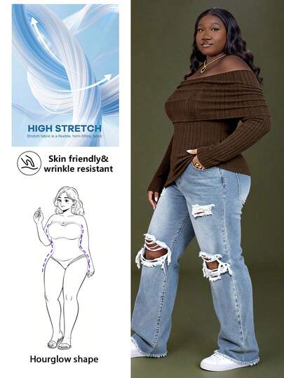 CurvyTilda Plus Size Women High Waist Pockets Distressed Straight Loose Casual Jeans Casual Street Patchwork Pocket Loose Wide Leg Jeans Women Jeans Baggy Loose Jeans, For Hourglass Body Shape