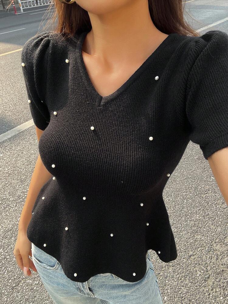 Women's Puff Sleeve Pearl Decor Waist Ruffle Hem Knit Top