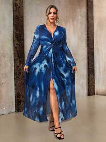 Roveilla Elegant Plus Size V Neck Long Sleeve A Line Maxi Dress In Navy Blue With Random Print - Navy Blue - View 4