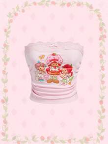Strawberry Shortcake | ROMWE Women's Contrast Lace Ruched Cartoon Figure Graphic Tube Top - Baby Pink - View 1