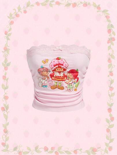 Strawberry Shortcake | ROMWE Women's Contrast Lace Ruched Cartoon Figure Graphic Tube Top