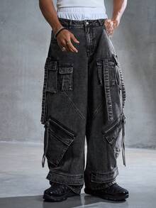 ROMWE MEN Street Life Men's Casual Washed Wide Leg Cargo Jeans - Black - View 5