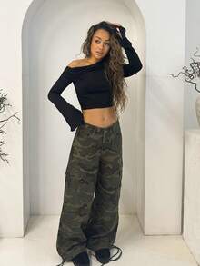 RebeccaVibe 女士工装口袋迷彩印花宽松阔腿休闲时尚牛仔裤、牛仔裤 - 彩色 - 查看 4