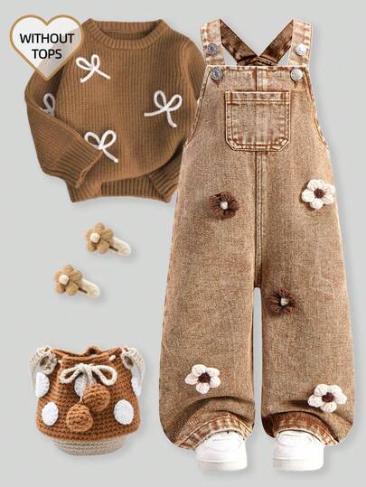 SHEIN Washed Denim Bib Pants For Baby Girls, Floral Print Loose Jumpsuit