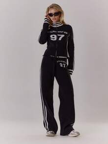 MUSERA 高领拉链印花针织毛衣套装上衣，适合冬季夜间外出、街头风、可爱、返校季、性感、未裁剪春季款 - 黑色 - 查看 4