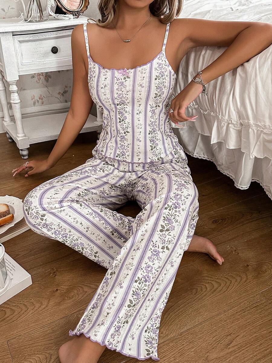SHEIN Floral Print Sleeveless Camisole & Pants Women Pajama Set - White - View 1