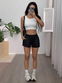 SHEIN EZwear 女士休闲抽绳腰斜插口袋纯色短裤，适合日常通勤和夏季穿着 - 黑色 - 查看 5