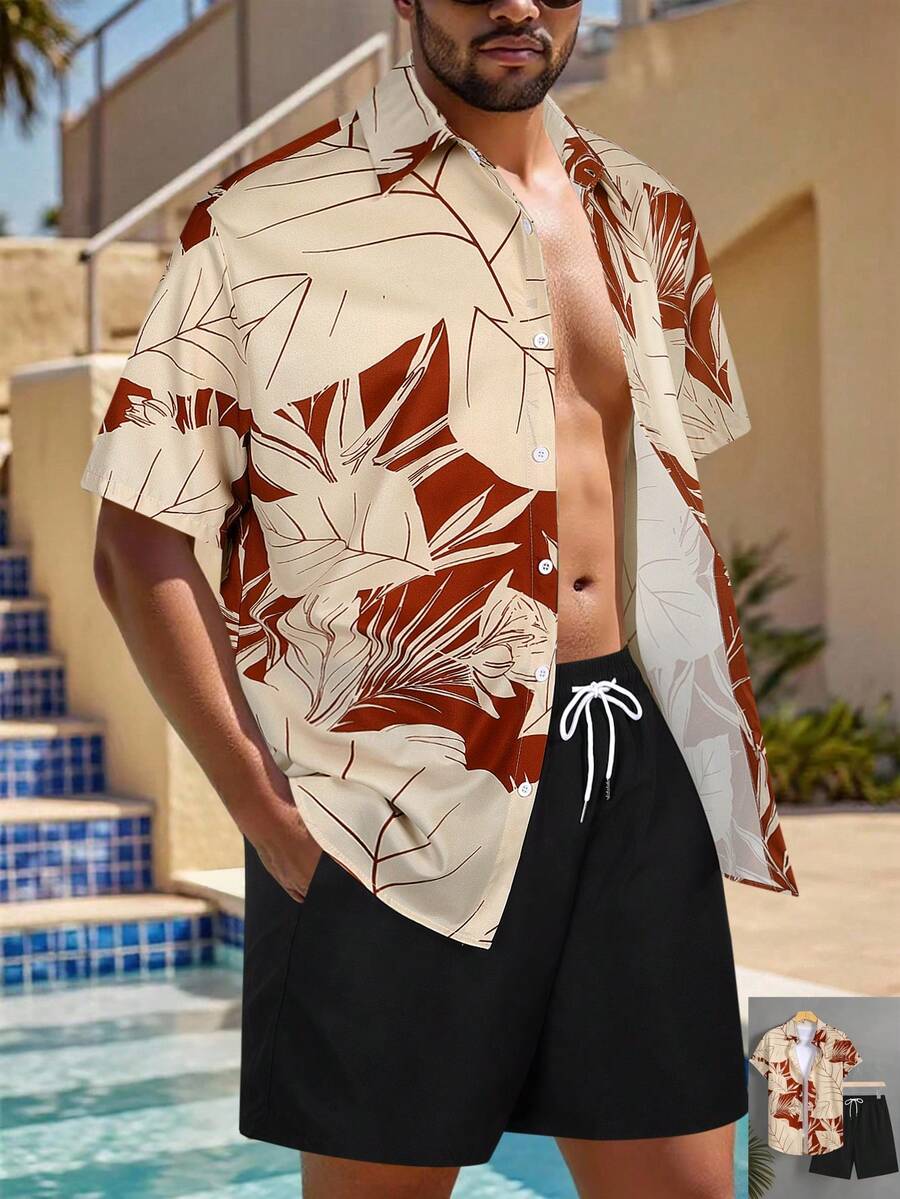 Manfinity Swimmode 夏季男士撞色印花短袖衬衫搭配纯色短裤沙滩装，男士度假衬衫，男士度假服，夏威夷男士衬衫，男士沙滩上衣，男士热带印花衬衫 - 彩色 - 查看 1