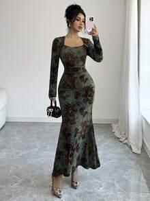 SHEIN Elenzya 女士绿色天鹅绒质感贴花面料方领收腰鱼尾修身连衣裙，性感优雅，适合生日礼物、约会、派对、正式场合，尽显高端气质，也适合独立日、双十一购物节、返校派对、光棍节、平安夜、感恩节等场合。 - 綠色 - 查看 8