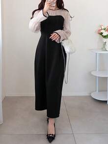 FRIFUL 女士圆领雪纺网纱拼接喇叭袖撞色甜美休闲派对连衣裙夏季女装 - 杏色 - 查看 2