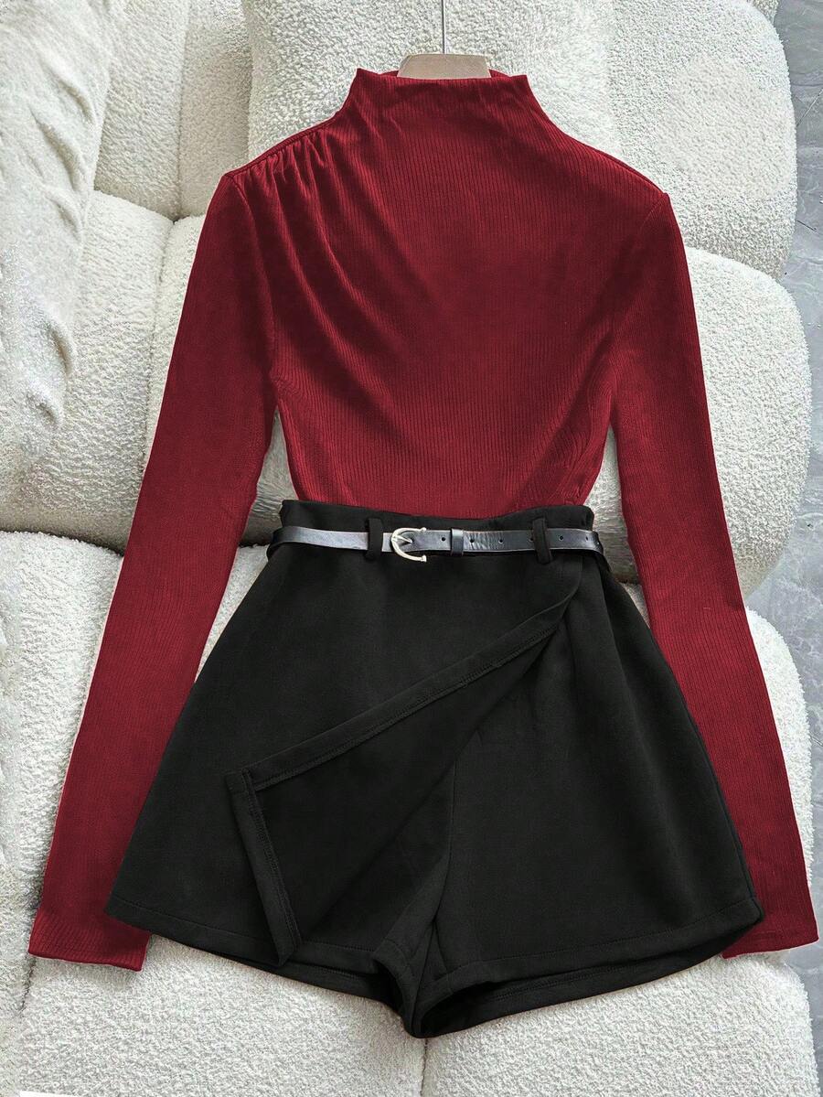 Franclia 大码女装法式休闲优雅长袖T恤和中长裙两件套，长袖上衣和系带短裙，女装套装，红黑配色，女式红色高领上衣 - 酒紅色 - 查看 1