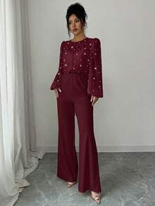 SHEIN Elenzya 优雅浪漫珍珠装饰收腰拼接长袖圆领连体裤（女款） - 酒紅色 - 查看 5