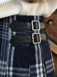 FRIFUL 女士休闲时尚街头风学院风格子印花高开衩双扣细节半身裙 - 黑與白 - 查看 4