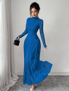 Modelyn Wine Red High Neck Waist Cinched Lace Dress For Women - Royal Blue - View 5